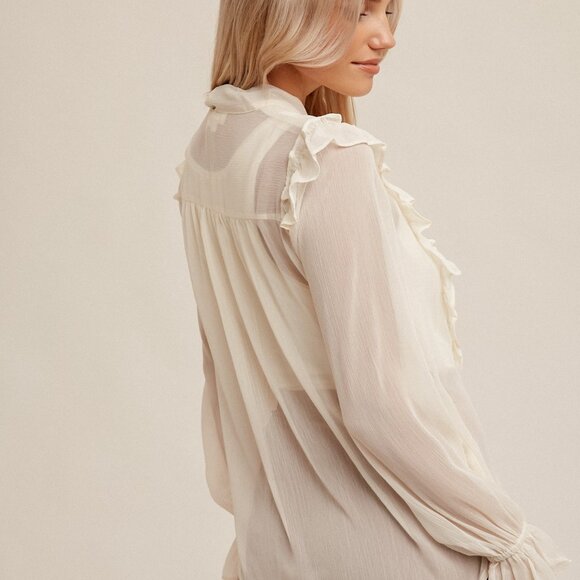 HEM & THREAD Ivory Ruffle Tie Blouse | Sheer Long Sleeve Feminine Top - Picture 4 of 5